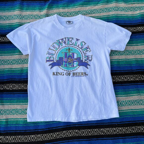 Vintage 1993 Budweiser King of Beers White Purple Drinking Tee Shirt Sz Large - Picture 1 of 6